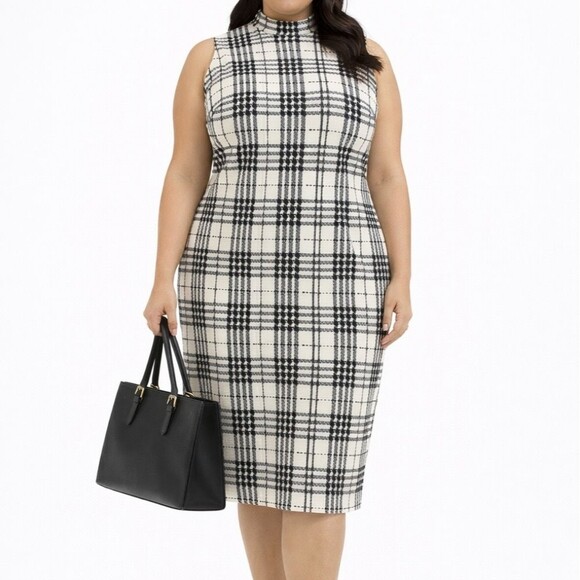 Dress Barn Dresses & Skirts - Corpcore Plaid Mock-Neck Sheath Dress 18/20W | Dark Academia Mod 1960s Style